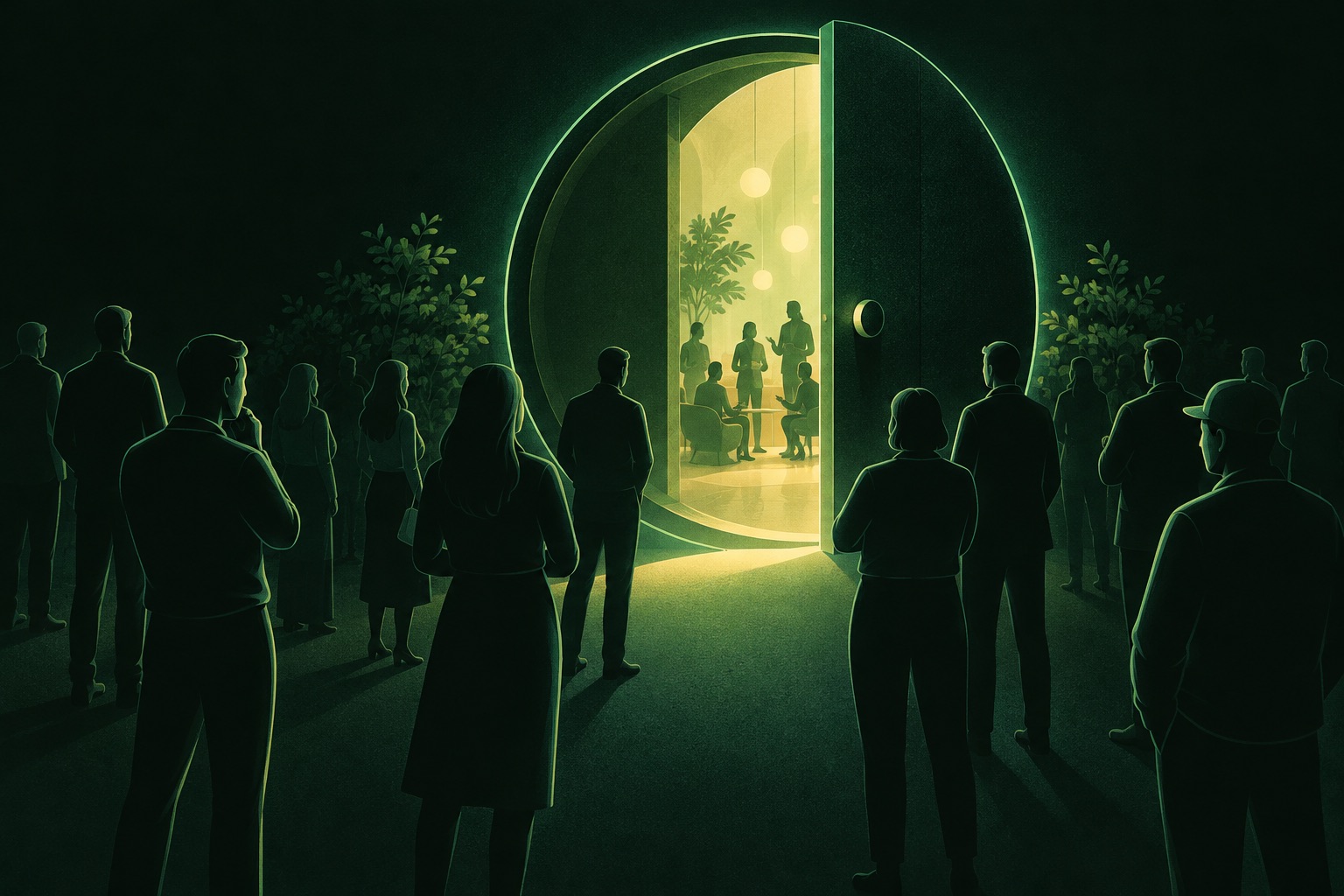 Luminous round portal with individuals waiting outside