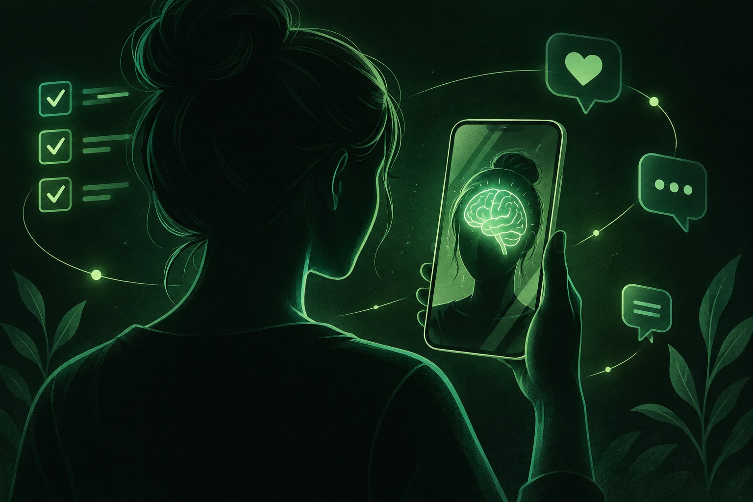 Individual standing before a smartphone reflecting a brain