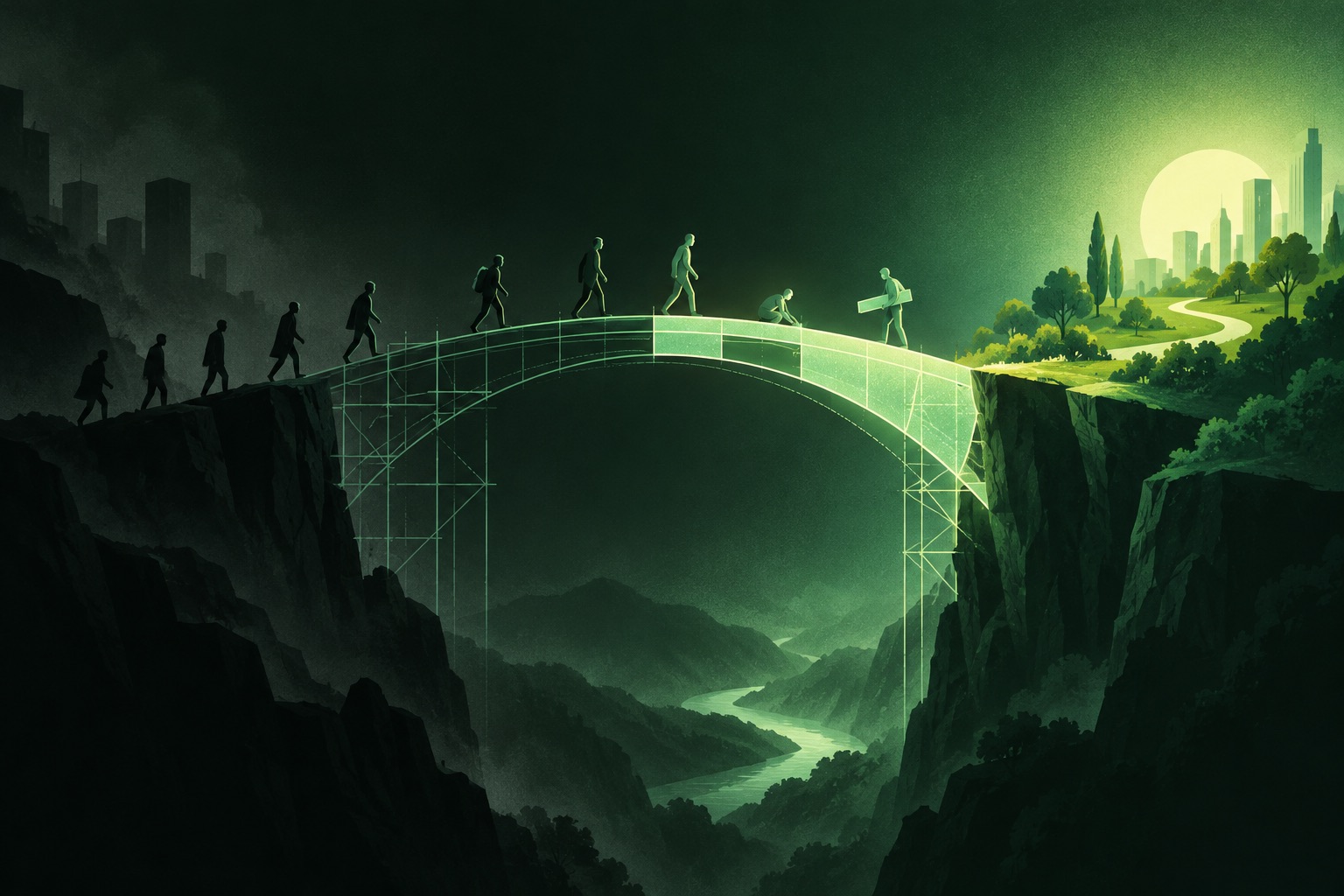Bridge of light being constructed across two cliffs