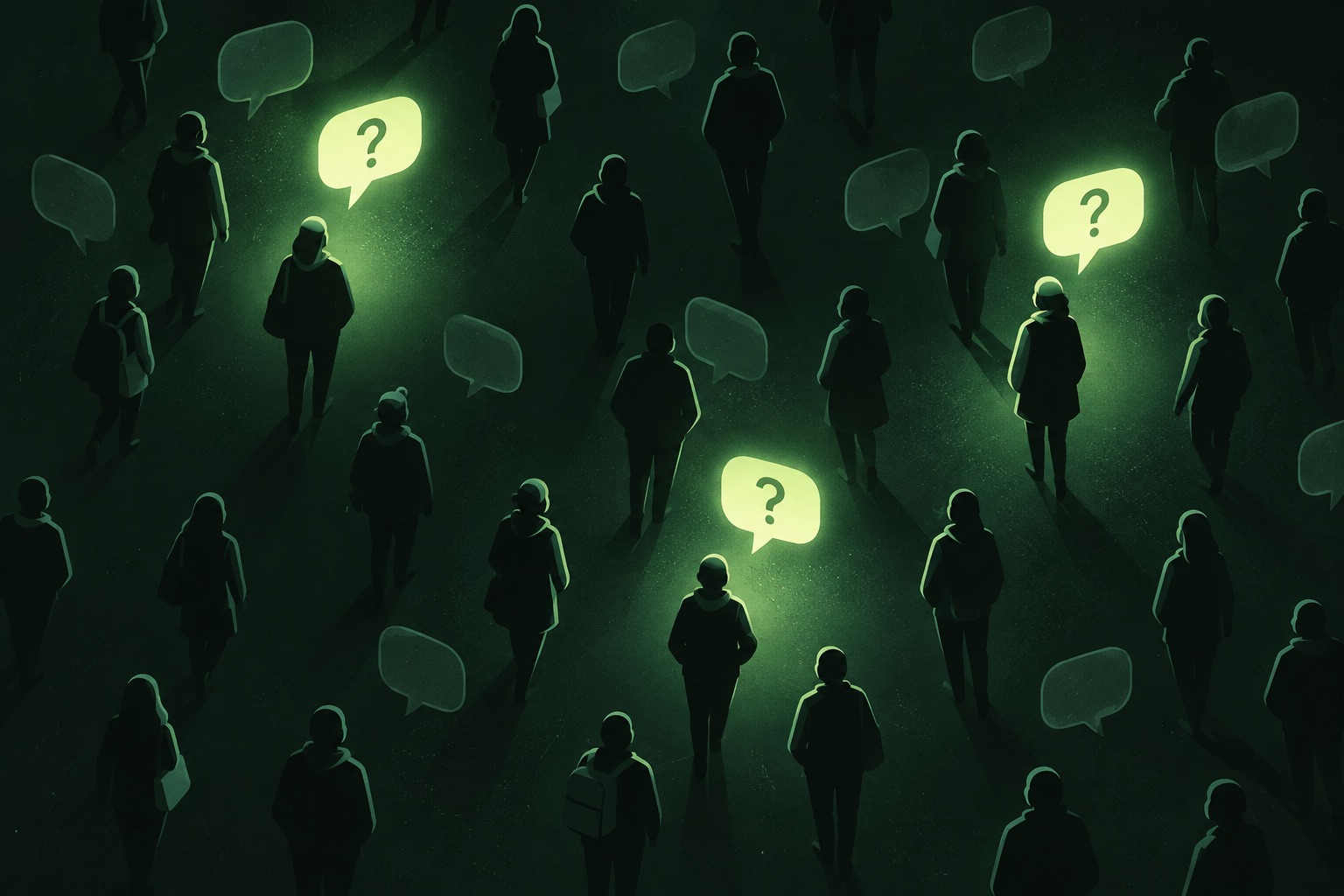 Crowd surrounded by speech bubbles and queries